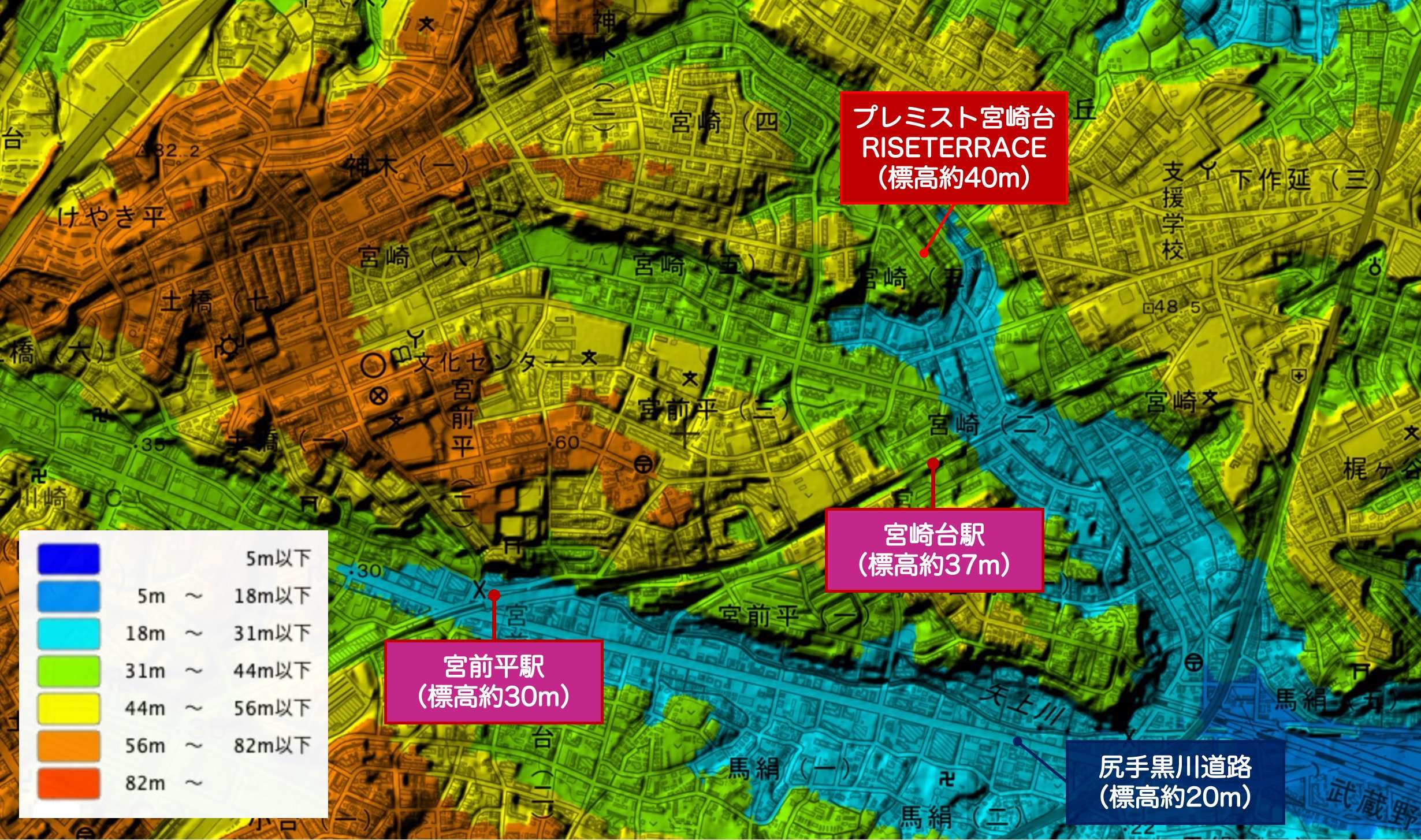 宮崎台周辺 標高断面図